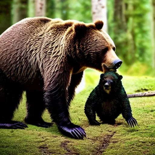 Prompt: grizzly bear and giant tardigrade meet in the forest, nature professional photography, national geographic