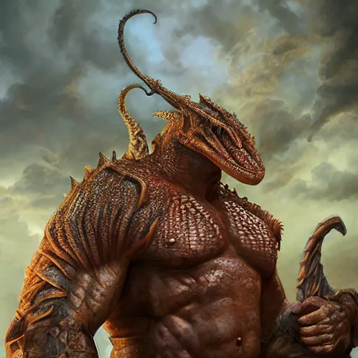 Image similar to realistic fantasy lizardman barbarian, detailed body, realistic body proportions, unreal engine, by popular digital artist, digital, artstation, detailed body, heavenly atmosphere, digital art, overdetailed art, trending on artstation, cgstudio, the most beautiful image ever created, dramatic, award winning artwork, beautiful scenery