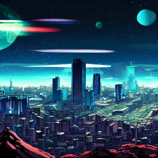 Prompt: far away city in the style of cyberpunk ontop of a mountain, space sky, anime illustration,