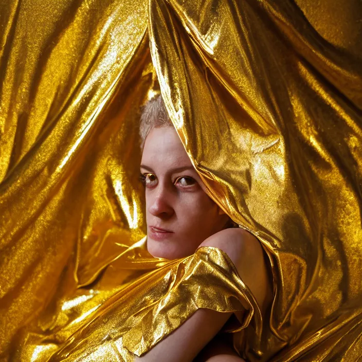 Image similar to a color photograph, closeup portrait of a woman wrapped in a gold mylar foil blanket, sitting in an abandoned coffee shop, color photograph, by vincent desiderio, canon eos c 3 0 0, ƒ 1. 8, 3 5 mm, 8 k, medium - format print