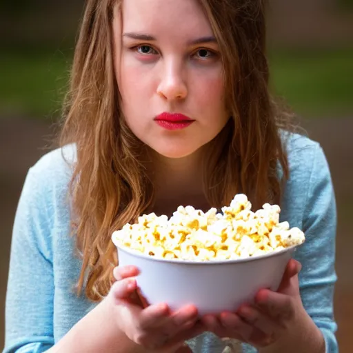 Image similar to photo of tessa eating popcorn, high detail, cinematic, beautiful lighting, fowler, wide angle, warm light, 8k, realistic,