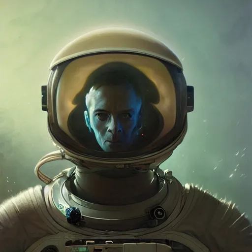 Image similar to a concept art portrait of an astronaut on a depth of field background, artstation, award - winning realistic sci - fi concept art by jim burns and greg rutkowski, beksinski, a realism masterpiece, muted color palette, james gilleard, bruegel, alphonse mucha, and yoshitaka amano