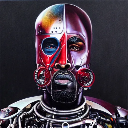 Image similar to a realistic oil painting of a cybernetic kanye west cyborg, surrealism portrait, post apocalyptic album cover