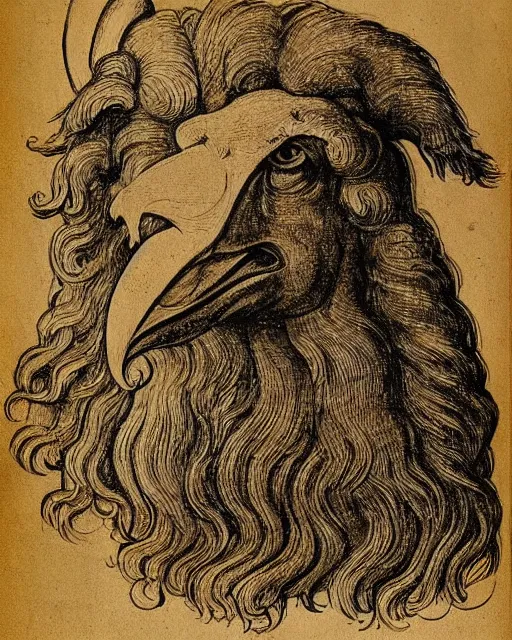 Prompt: a creature with the body and eyes of a man, beak of an eagle instead of nose, the mane of a lion, two horns of an ox on the head. drawn by leonardo da vinci