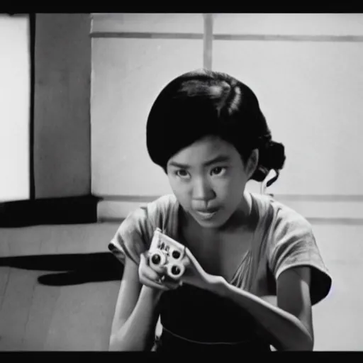 Prompt: a Filipino girl plays video games, 35mm film, b&w, tatami shot, well-composed by Yasujiro Ozu