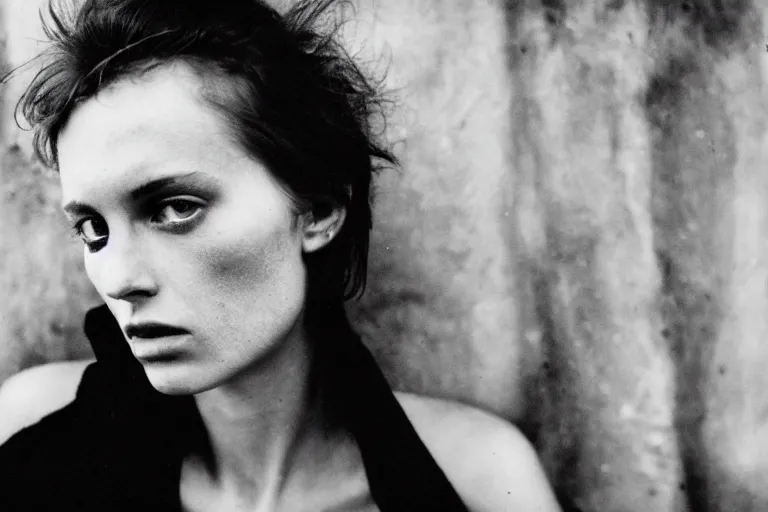 Image similar to close up, black and white portrait, beautiful white woman with bright blue eyes smoking, Peter Lindbergh, 35mm, film photo