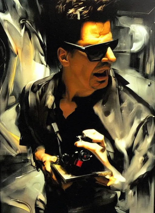 Image similar to zak bagans holding scientific equipment, enraged, painting by phil hale, 'action lines'!!!, graphic style, visible brushstrokes, motion blur, blurry