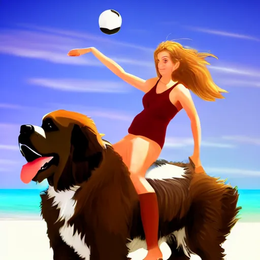 Image similar to girl riding a giant saint Bernard at the beach playing fetch, trending on artstation