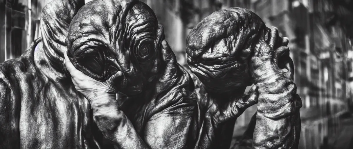 Prompt: super advanced alien doing facepalm when seeing human beings in the city, artistic photo, noir, monochrome, dark atmosphere, commercial photography, studio photography
