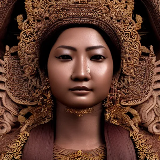 Image similar to hyper realistic portrait photo of indonesian saraswati goddess, portrait shot, intricate detail, octane render