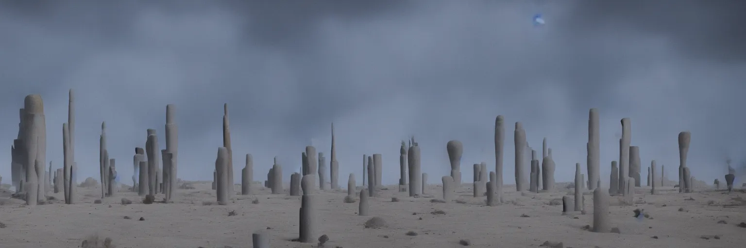 Image similar to towering blue ceramic statues in an en endless blue desert with an overcast sky, cinematic composition, coloured smoke in the distance