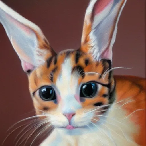 Prompt: realistic oil painting of a half cat half bunny hybrid