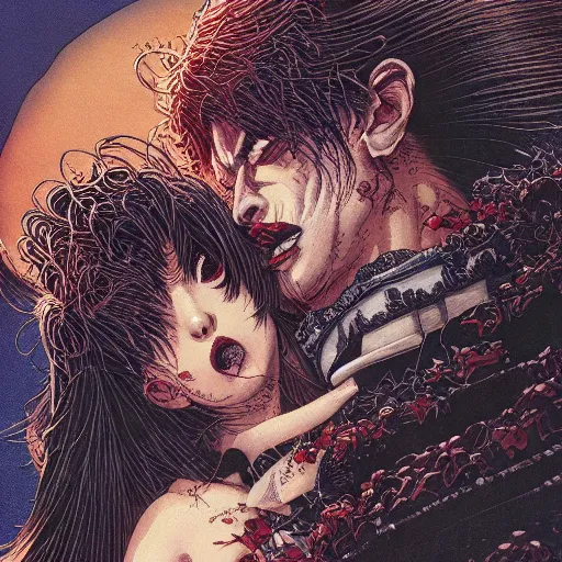 Image similar to closeup of vampire kiss, by yoichi hatakenaka, masamune shirow, josan gonzales and dan mumford, ayami kojima, takato yamamoto, karol bak