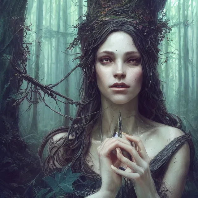 Prompt: close up portrait of a beautiful female witch casting a spell, magical forest background fantasy atmosphere. art by greg rutkowski. highly detailed, intricate, lifelike. sci - fi, fantasy, magical, nikon d 8 5 0.