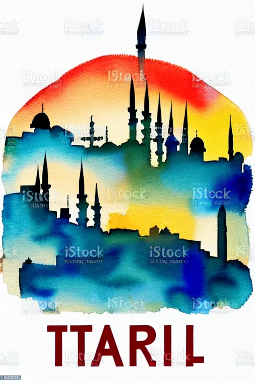 Image similar to minimalist watercolor art of istanbul skyline at sunset, illustration, vector art