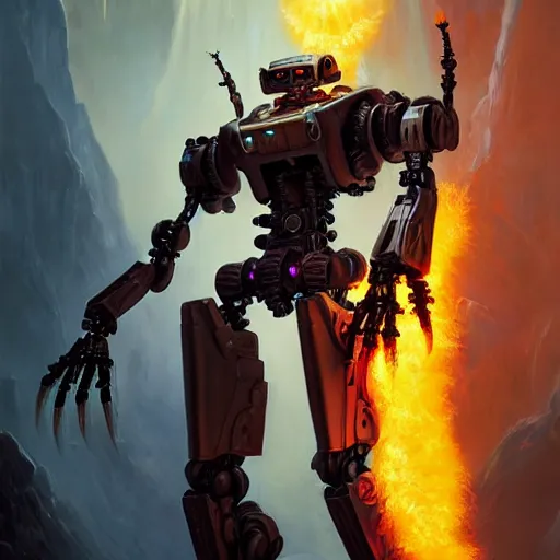 Image similar to beautiful oil painting with high detail of a mech spider robot from dungeons and dragons and art direction by James Cameron ;by artgerm; wayne reynolds art station; cinematic quality character action render; ultra high quality model; production quality cinema model; flaming plasma aesthetic