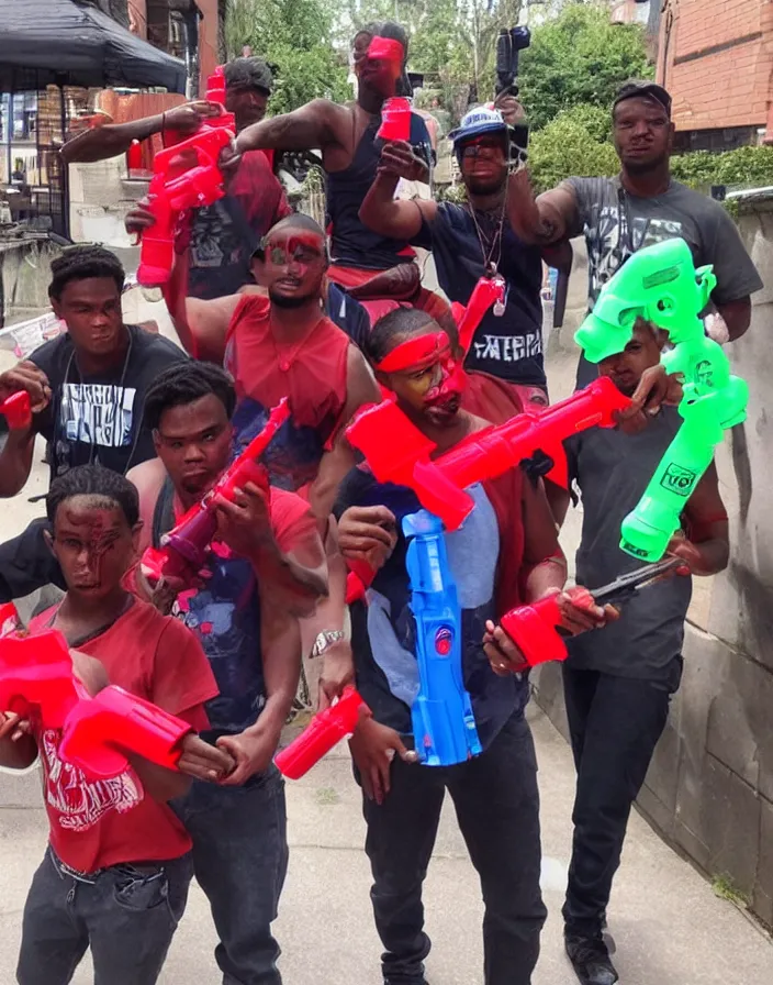 Image similar to bloods gang members showing off their plastic colorful water guns, bad quality, phone photo, leaked photo, paparazzi photo, realistic, 720p