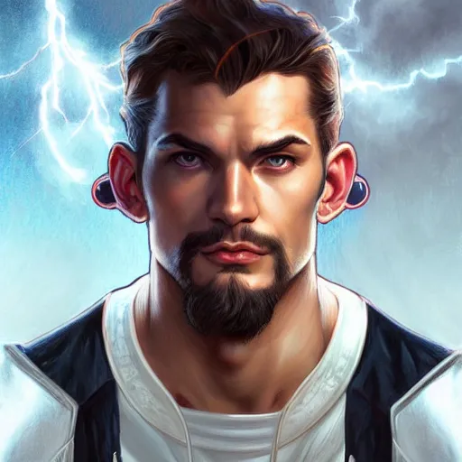 Image similar to character concept, portrait, symmetrical head - on centralized, young man with strong body and fire eyes. detailed, high quality, dynamic lightning, fantasy, scenematic. artwork by artgerm, wlop, alex ross, greg rutknowski, alphonse mucha