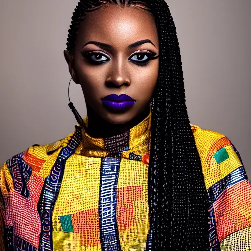 Prompt: Photo of a African woman , box braids,bold, self confidence, cinematic, light makeup focus