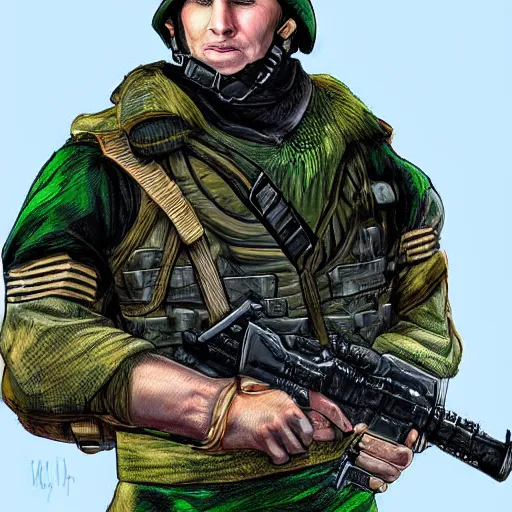 Image similar to russian warrior in a black uniform with a green beret digital art, 8 k, character, realism, anime, portrait