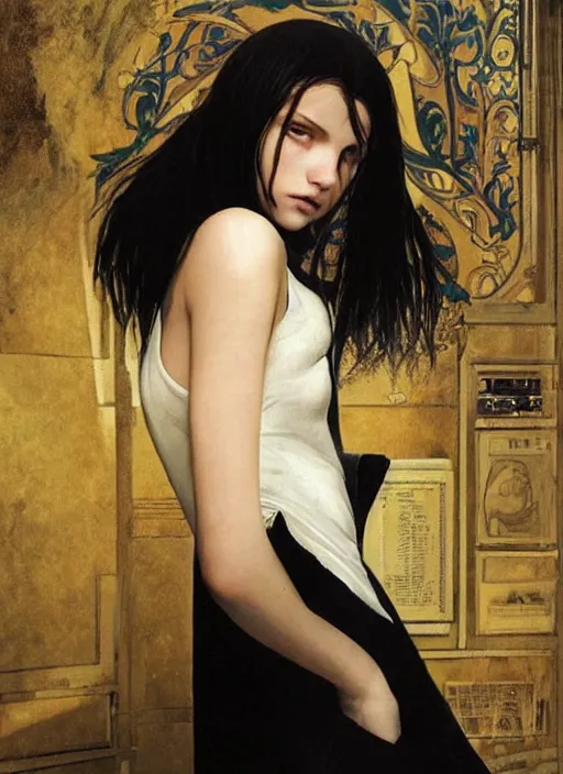 Image similar to a 1 6 year old girl eveline from resident evil 7 with straight long black hair wearing black dress that sitting on bathroom floor, photo for vogue, model エリサヘス s from acquamodels, art by artgem, greg rutkowski and alphonse mucha