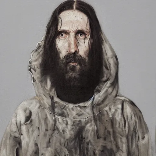 Prompt: a portrait of modern day grigori rasputin wearing hypebeast streetwear hoodie and pants by nicola samori, oil painting, realistic, 8 k, fear of god style