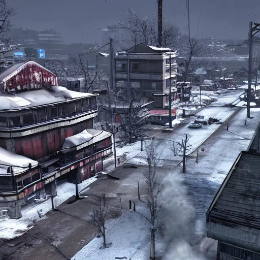 Prompt: Sapporo in the winter in ruins post-nuclear war in Fallout 4, in game screenshot