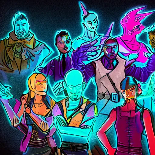 Prompt: neon lit neo noir dungeons and dragons characters looking at each other dramatically