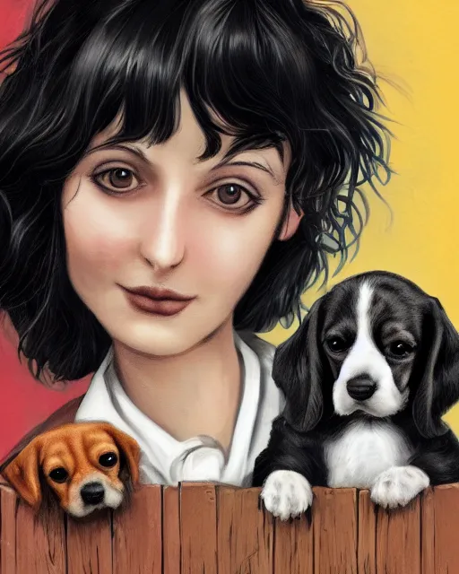 Prompt: happy birthday postcard in a style of Neil Gaiman book , black haired girl holding a beagle puppy, trending on artstation, 8k, highly detailed