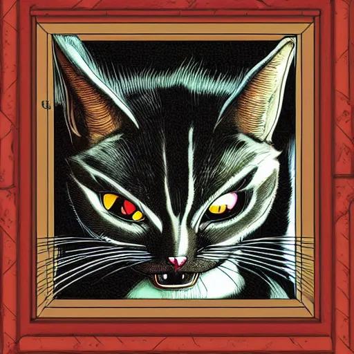 Image similar to vampire cat, inside a frame on a tiled wall, frontal picture, by yoichi hatakenaka, masamune shirow, josan gonzales and dan mumford