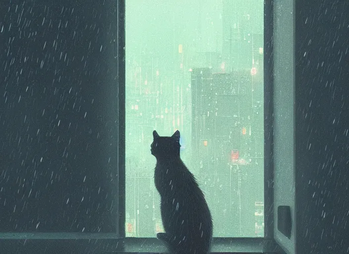 Image similar to back of cat sitting in front of a window looking out at a rainy cyberpunk city at night, cozy indoor lighting, greg rutkowski, alena aenami, artstation, detailed, digital painting