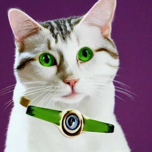 Prompt: a white tabby cat with green eyes with big ears, wearing a monocle, portrait