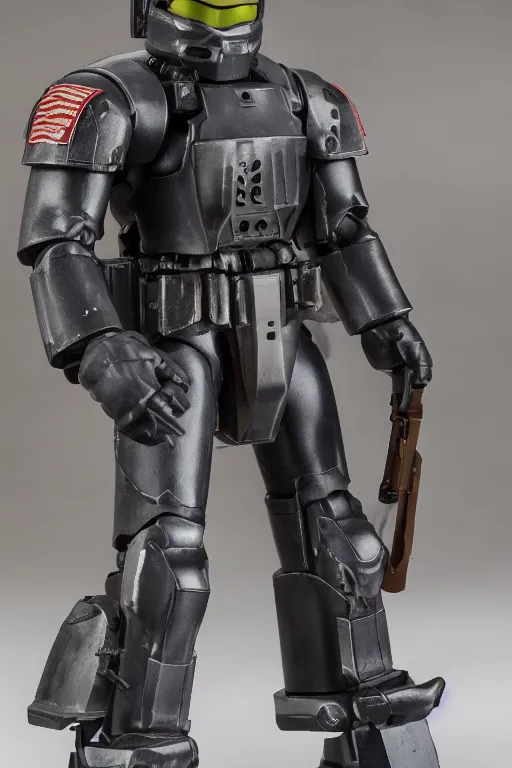 Prompt: 8 k high definition, 1 9 8 0 hasbro style gi joe action figure in power armor, full body, highly detailed, medieval knight, tactical gear, mecha, photorealistic