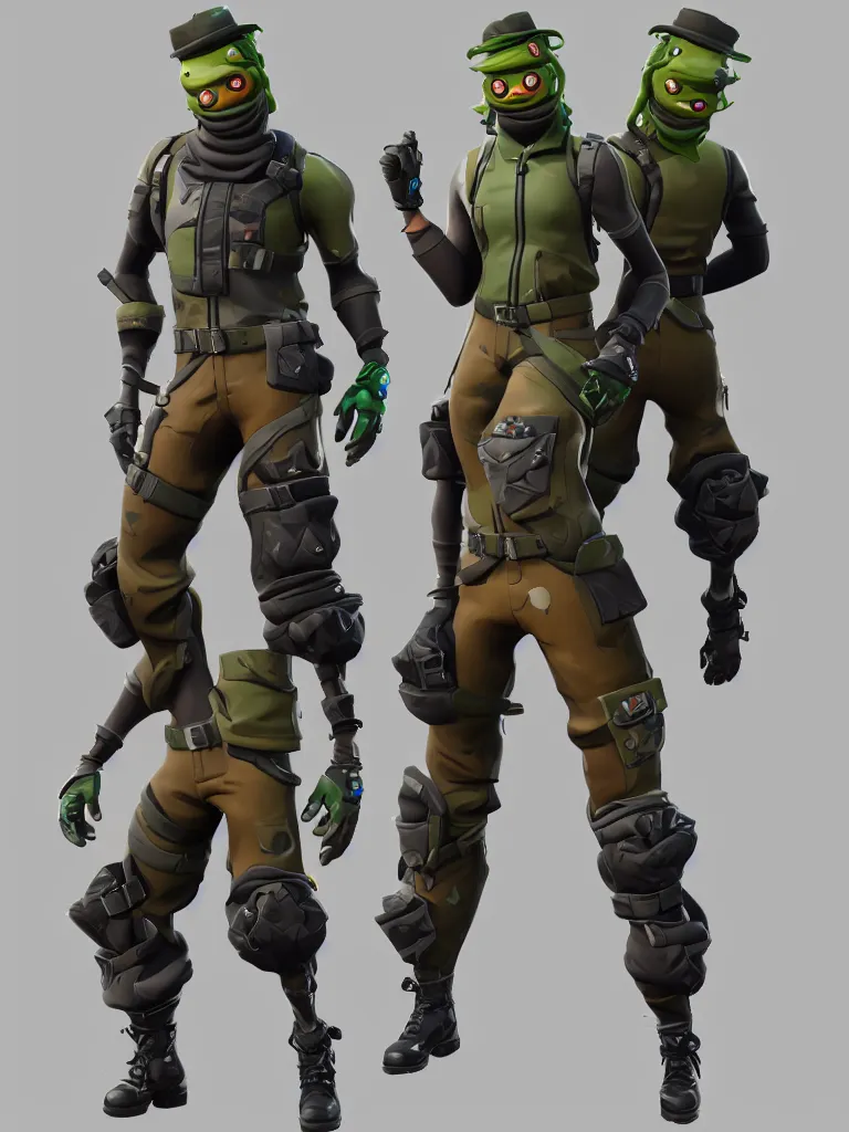 Image similar to fortnite character anthropomorphic pickle kind eyes and a derpy smile. flak jacket ammo bandolier cargo pants black combat boots. fortnite, unreal engine, highly detailed