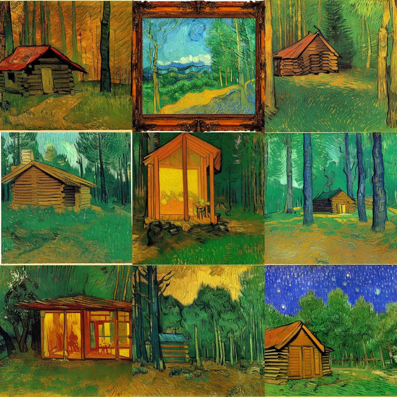 Prompt: [ a log cabin in the forest ] [ van gogh ] [ degas ]