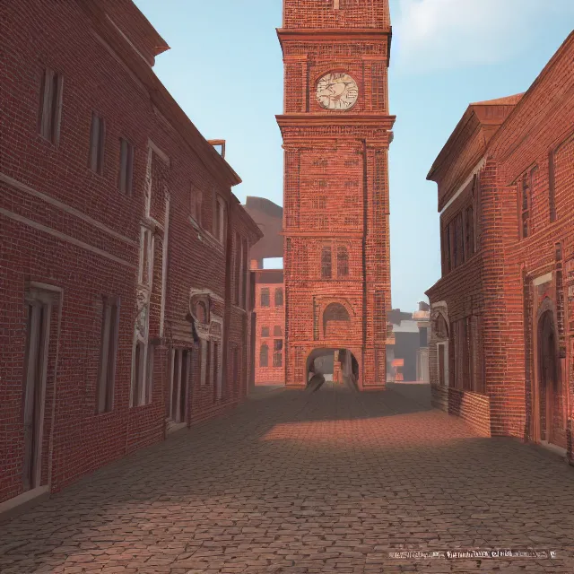 Image similar to georgian style brick clock tower colonial city with tall strange buildings, volumetric, realistic, cinematic lighting, ray tracing, unreal engine 5, octane render, hyper realistic, photo, 8 k