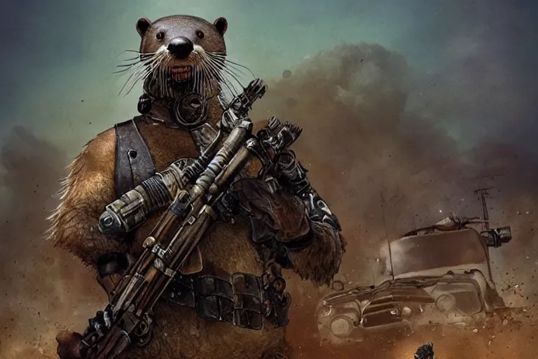 Image similar to a good ol'otter fursona ( from the furry fandom ), heavily armed and armored facing down armageddon in a dark and gritty version from the makers of mad max : fury road. witness me.