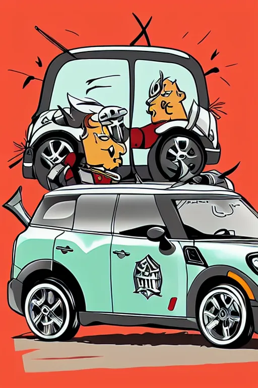 Prompt: “Poster of Viking horsemen in a battle with Mini Cooper Countryman Hybrid . Retro cartoon caricature.”