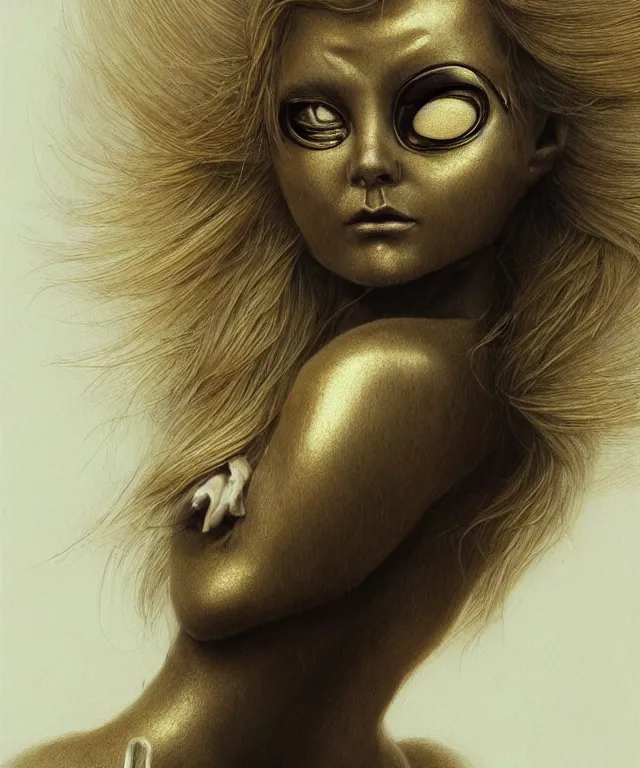 Image similar to golden pencil drawing of beautiful robot - cat woman face, goddess, beautiful blonde hair flying in the wind, hyper realistic face, in the style of greg rutkowski, beksinski, fantasy, amazing detail, epic, elegant, smooth, sharp focus, from the front, octan render