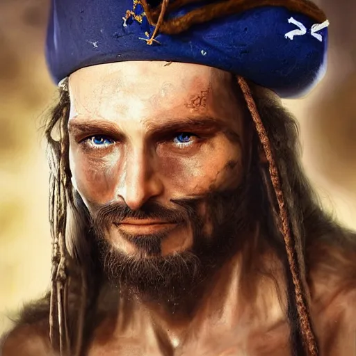 Prompt: Extremely detailed photo-realistic 3d matte portrait painting of A Beautiful Pirate man, squinting in a thin shaft of very bright sunlight striking her eyes though the dusty astmosphere, by Claudia Bravo, face center close-up