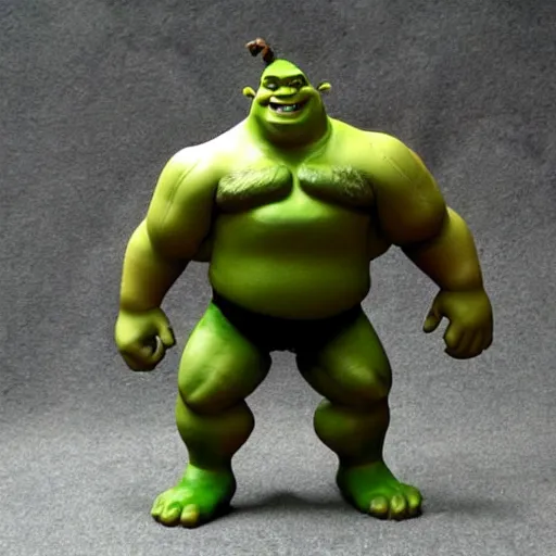 Image similar to a muscular shrek action figure that was released in 2 0 0 8 and is made out of cheap plastic looks really cheap and poorly made and is being sold on ebay