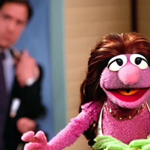 Prompt: film still of muppet!!!!! pam beesly!!!! as a muppet muppet muppet as a muppet in the tv show the muppet office