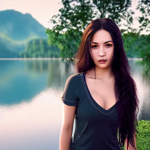 Image similar to real life photo of a beautiful girl, full body photoshoot, long black hair, full round face, short smile, brown shirt, lake setting, cinematic lightning, medium shot, mid - shot, highly detailed, trending on artstation, unreal engine 4 k, 8 0 mm, 8 5 mm, cinematic wallpaper