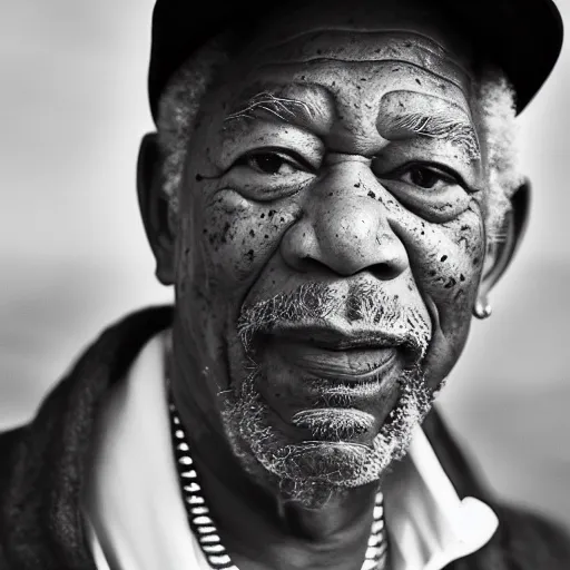 Prompt: a candid portrait photograph of Morgan Freeman starring as rapper Travis Scott in the style of Chi Mondu, shallow depth of field, 40mm lens