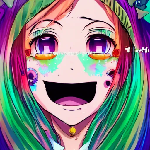 Prompt: digital 2 d, illustration, anime & manga, stylized, anime, colorful, smile, kawaii, decora, harajuku, grills, teeth, jewelry, bandaid, bandage, green hair, freckles, nails, nail art, fashion, stylish, rainbow