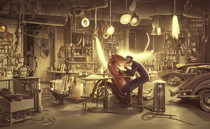 Image similar to a film still of willie wonka's chocolate factory 1973, animation key shot of a focused auto mechanic repairing the tires of a motorcycle in the workshop garage, medium shot, waist up, studio Ghibli, Pixar and Disney animation, sharp, Rendered in Unreal Engine 5, anime key art by Greg Rutkowski, Bloom, dramatic lighting