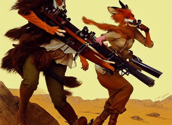 Image similar to a beautiful, dynamic illustration of an anthropomorphic fox woman bounty hunter running and gunning with a winchester rifle, wild west theme, motion blur, action illustration by stanley artgerm, greg rutkowski, alphonse mucha, norman rockwell, 8 k,