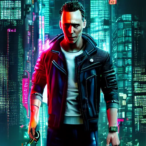 Image similar to tom hiddleston portrait, Cyberpunk 2077, cyberpsycho, photorealistic, ultra detailed, neon, octane, bokeh, cyber, cyberpunk city, feature, scars, cyberface, 8k