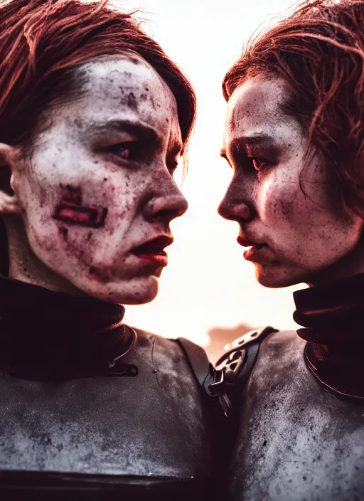 Image similar to cinestill 5 0 d photographic portrait of two loving female androids wearing rugged black techwear on a desolate plain with a red sky, extreme closeup, cyberpunk style, in front of a brutalist dark metal facility, dust storm, 8 k, hd, high resolution, 3 5 mm, f / 3 2, ultra realistic faces, ex machina