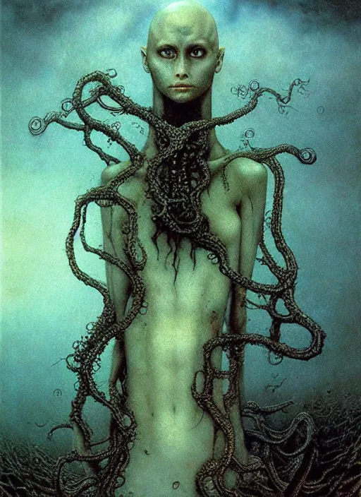 Image similar to bald lovecraftian teen girl by Beksinski and Luis Royo